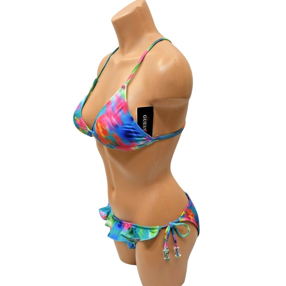 Guess Womens Multicolor Tropical Floral Ruffle Triangle Bikini Set Blue New - Picture 8 of 11